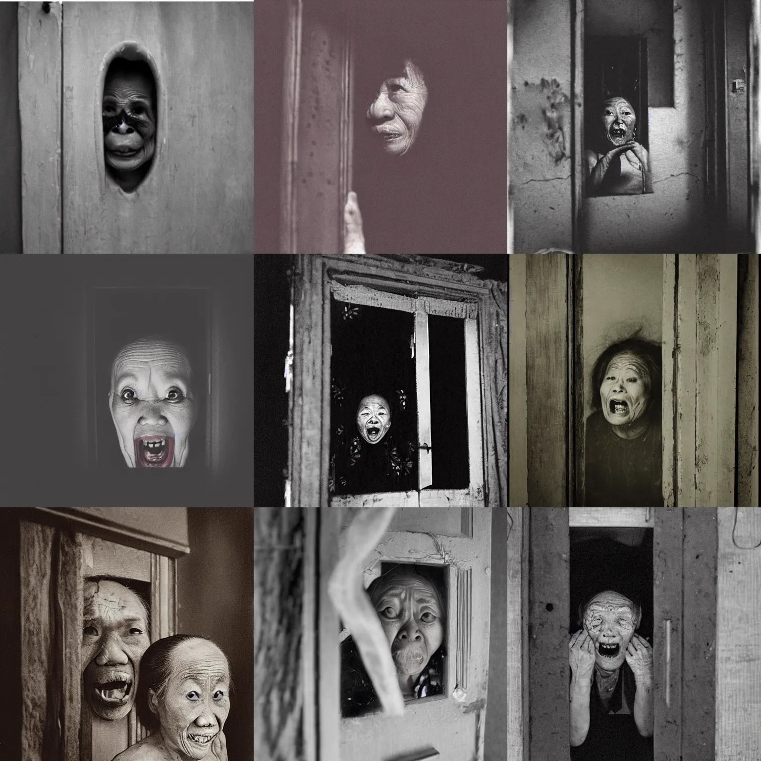 Prompt: portrait of a creepy old asian lady screaming creeping out of a door looking in a mirror wet, morbid, macabre, dark lighting, decay teeth, black and white gainy film, 1 6 mm film vignette, matte painting by maxim verehin