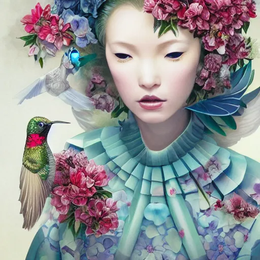 Prompt: 3 / 4 view of a beautiful girl wearing an origami dress, eye - level medium shot, fine floral ornaments in cloth and hair, hummingbirds, elegant, by eiko ishioka, givenchy, tran nguyen, by peter mohrbacher, centered, fresh colors, origami, fashion, detailed illustration, vogue, high depth of field, japanese, reallusion character creator