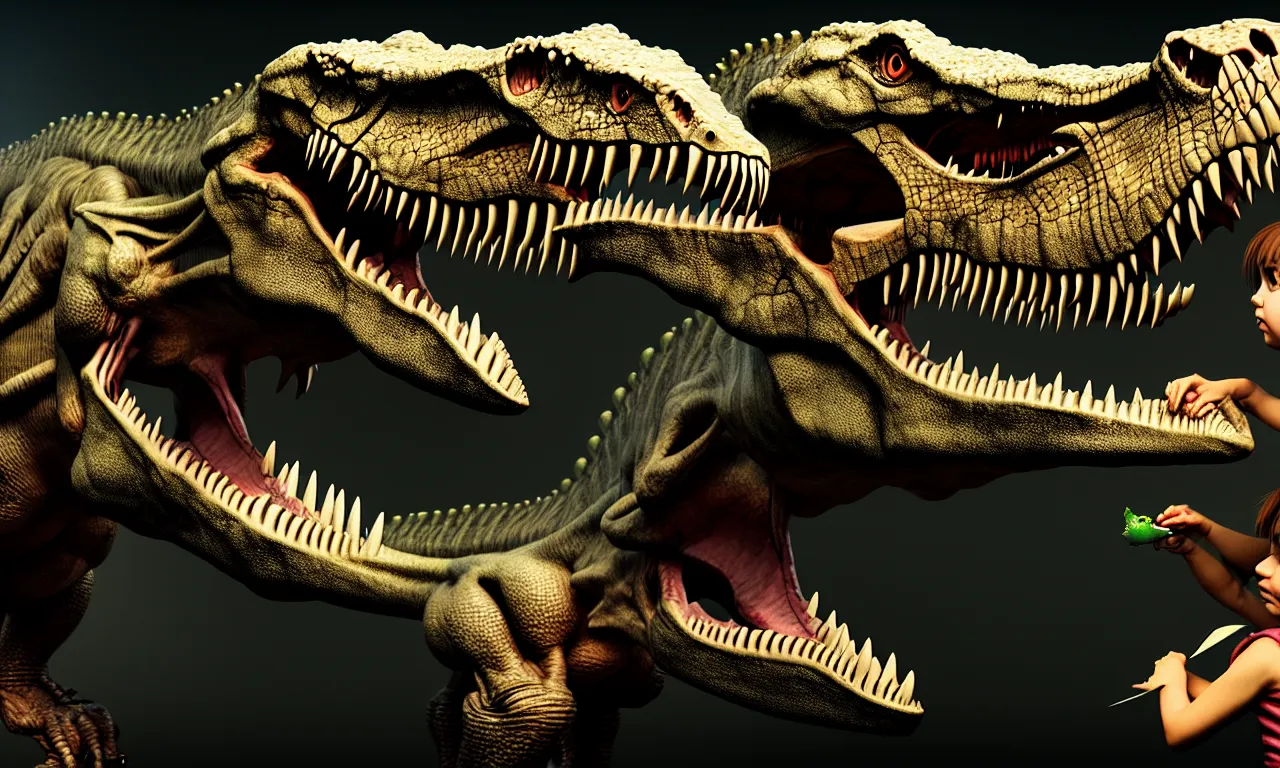 Image similar to cute girl feeding tyranosaur rex, dramatic pose, high details, raytracing, back light, raymarching, by ilm, by digital domain, by weta digital