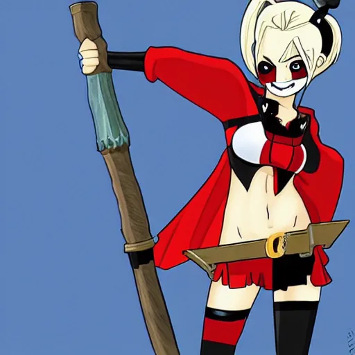 Image similar to anime harley quinn wielding a hammer, Miyazaki, dc comics, action,