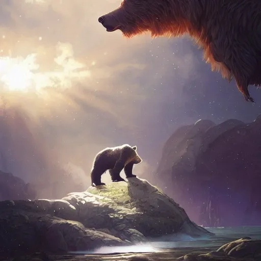 Prompt: bear stops giant space crocodile from eating the sun. highly detailed, digital painting, artstation, concept art, smooth, sharp focus, illustration, art by artgerm and greg rutkowski and alphonse mucha and loish and wlop