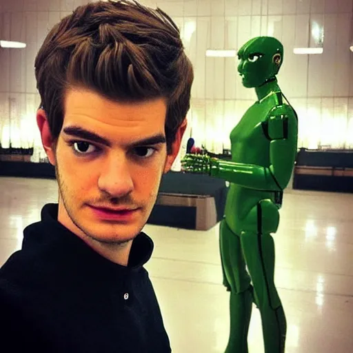 Image similar to “a realistic detailed photo of a guy who is an attractive humanoid who is half robot and half humanoid, who is a male android, Andrew Garfield, shiny skin, posing like a statue, blank stare”