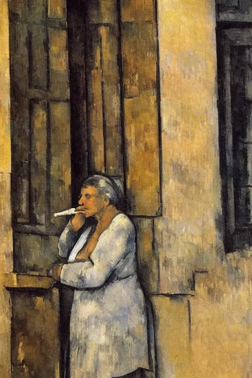 Image similar to an elderly and content italian woman leaning out of the window of an old building, smoking a cigarette, by paul cezanne, firenze, sunset, smooth, expressionist, gold, portrait