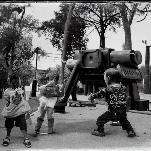 Prompt: black and white photograph of children at a playground with giant war-mech