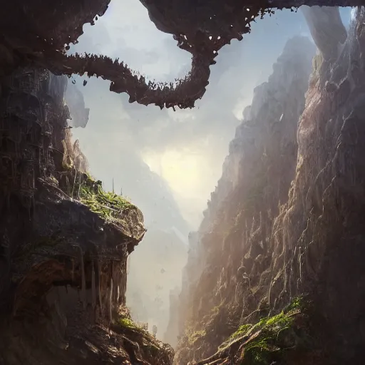 Image similar to “A beautiful hyper realistic detailed matte painting of the entrance to a dungeon of the gods at the base of an ancient mountain, dramatic lighting, dynamic lighting, cinematic lighting, lit by morning light, by Finnian MacManus and Jessica Rossier, unreal engine, featured on artstation, ultrawide angle, f8, polarizer filter, lava, magma, oversaturated, dof”