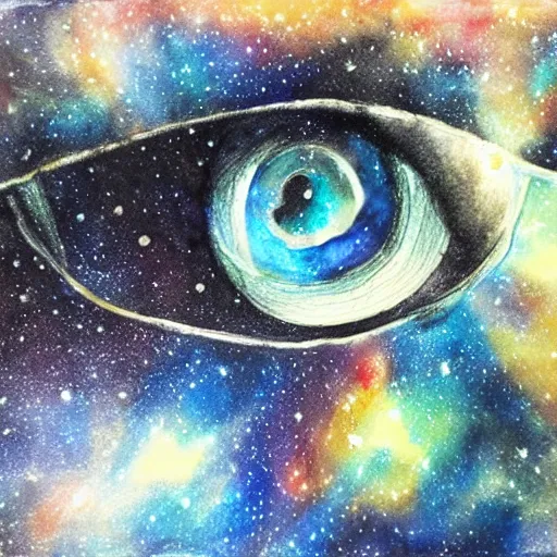 Prompt: a gigantic eye floats in space observing a galaxy, mixed media, pencil and watercolor