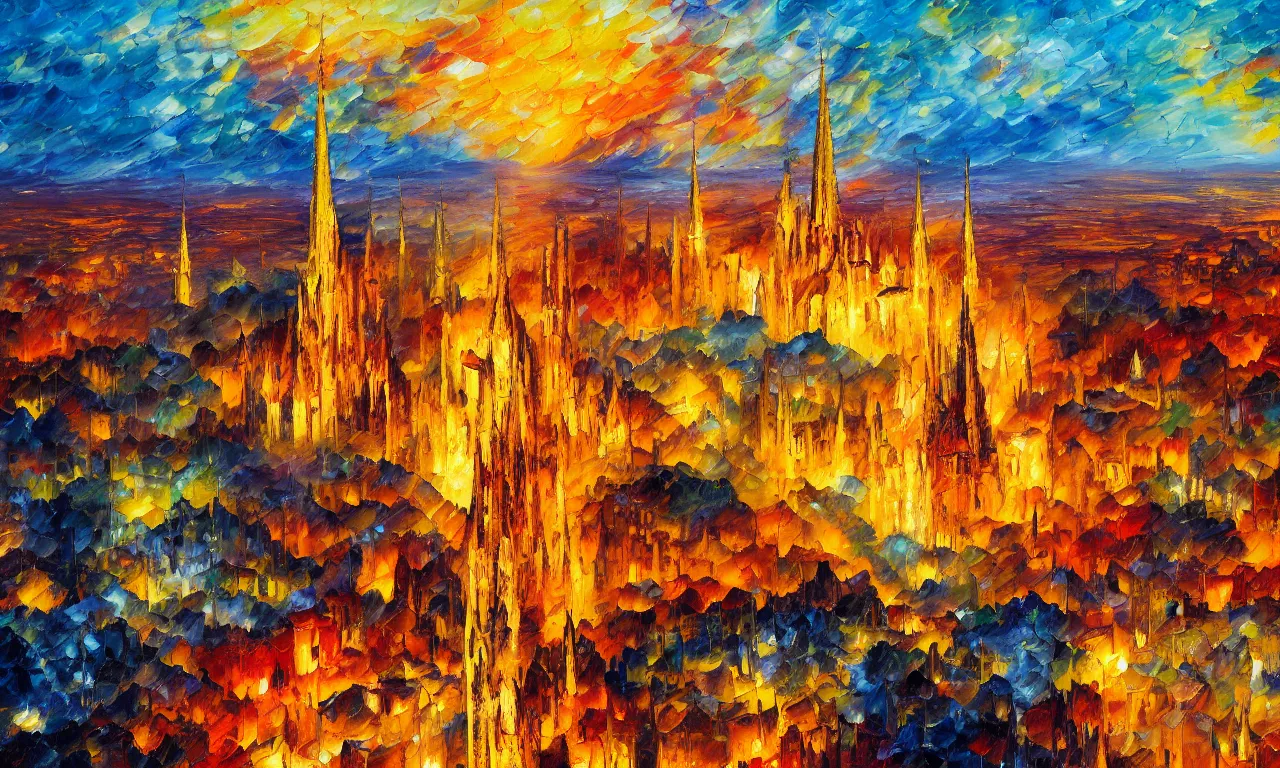 Prompt: breathtaking oil painting of a fiery landscape aerial view, palette knife, at dawn with strokes of light and golden petals flying, art nouveau golden cathedral in the distance, rembrandt style, concept art, matte, sharp focus, by georgia hart and leonid afremov,