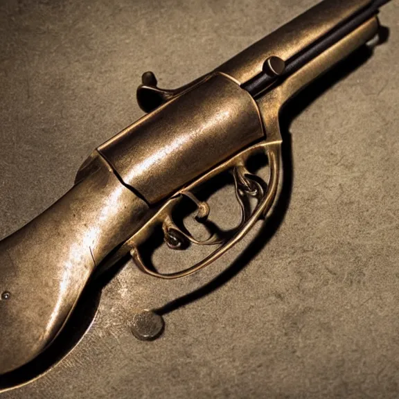 Image similar to a 4 k photorealistic photo medium shot of a bronze statue of a revolver gun.