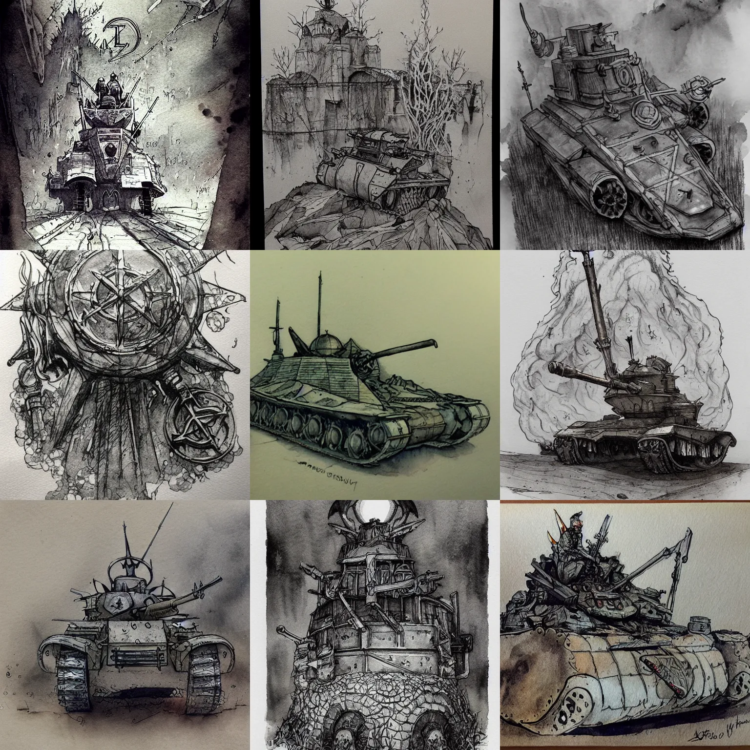 Prompt: beautiful aesthetic inspirational masterful professional ink pen and watercolor sketch of an occult mystical eerie satanic tank in ww 1 verdun, fine details, trending on artstation, high quality paper