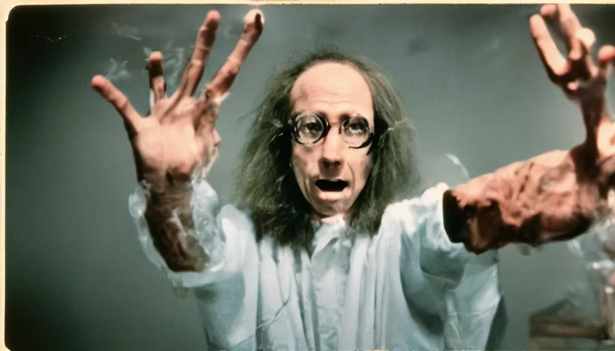 Prompt: 7 0 s film still from a horror movie of a mad scientist conducting horrific experiments, kodachrome, cinecolor, cinestill, photorealism, cinematic, film grain, film texture, vhs recording