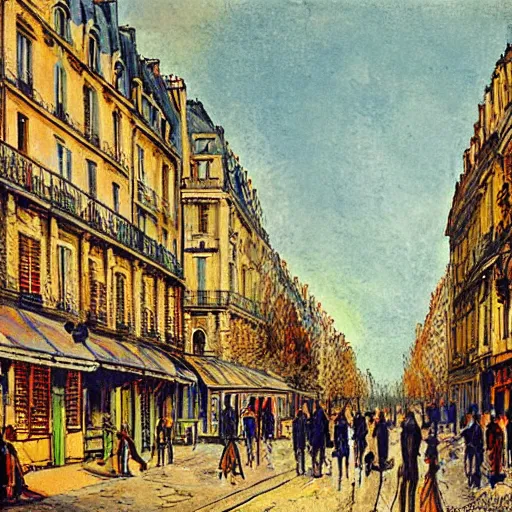 Prompt: color serigraphy of paris streets, by henri riviere