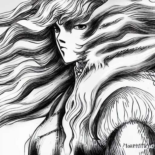 Prompt: griffith from berserk in the style of kentaro miura, 4 k, 8 k, absolute detailing of even the smallest details and particles, beautiful shadows, beautiful art, black and white drawing