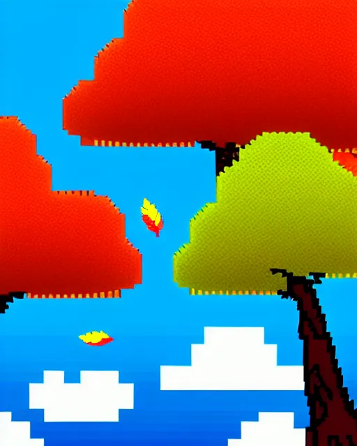 Image similar to 8 bit indie arcade game scene, blue sky with clouds, 2 8 different autumn trees with colored leaves, leaf fall.. details of the game trees, earth, clouds, sky background