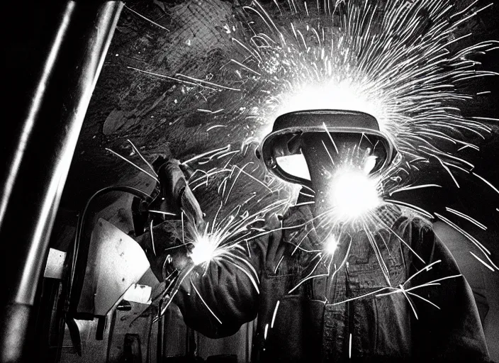 Image similar to welder in welding mask in the upside down, stranger things, by richard avedon, tri - x pan stock