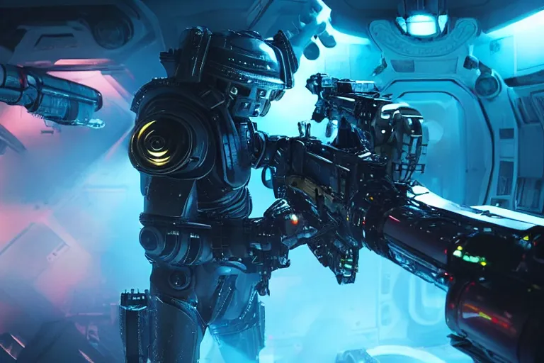Prompt: VFX movie of a futuristic inhuman alien spacemarines in future spaceship, firing gun at space pirates detailed creature skin neon lighting by Emmanuel Lubezki
