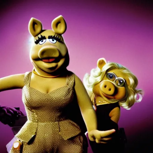 Image similar to movie still of miss piggy starring as trinity in the matrix movie