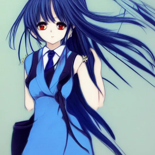 Image similar to a woman in a blue dress with a tie around her neck, an anime drawing by Jin Homura, featured on pixiv, lyco art, pixiv, anime, deviantart hd