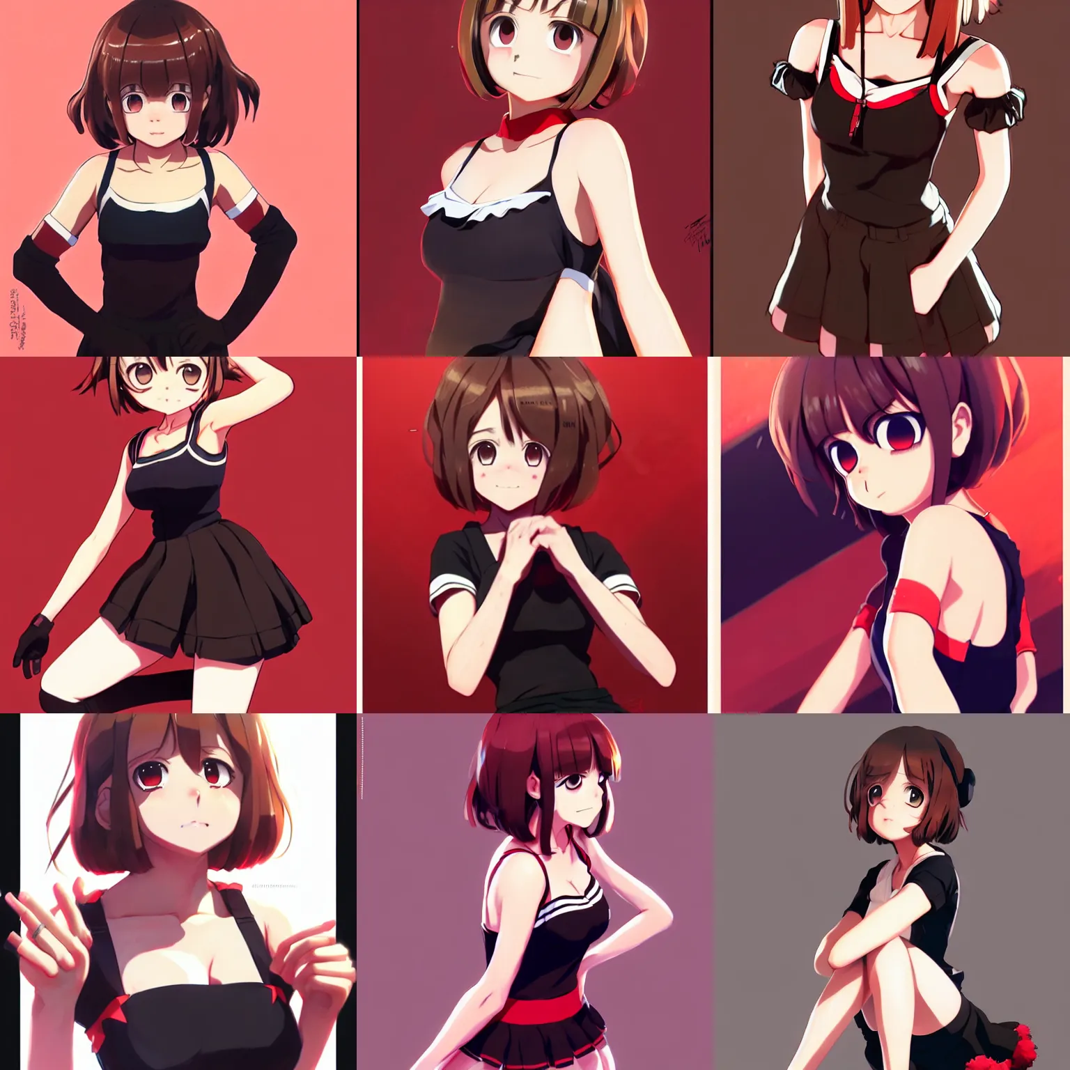 Prompt: gorgeous ochako uraraka with brown and black anime eyes, wearing a camisole, perfect body red and black color palette, in the style of and ilya kuvshinov and greg rutkowski, high quality anime artstyle, intricate