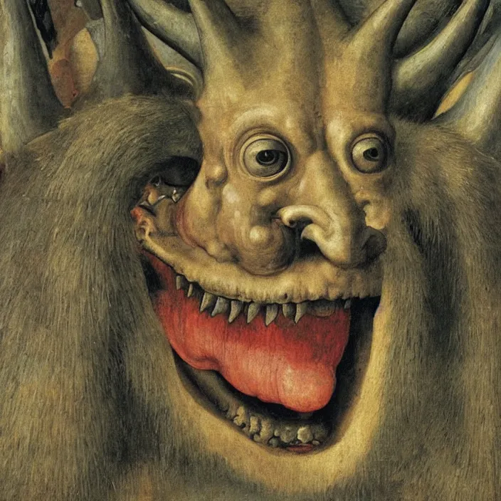 Image similar to close up portrait of an overdressed mutant monster creature with snout, horns, insect wings, unibrow, piercing eyes, toxic smile. jan van eyck, bosch