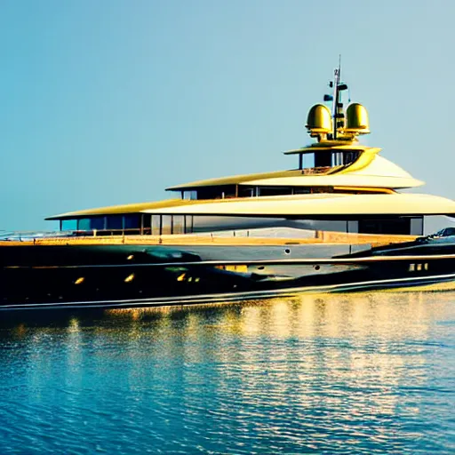 Image similar to old man polishing a gold plated mega yacht, docked at harbor, clear and focused, elegant, photograph