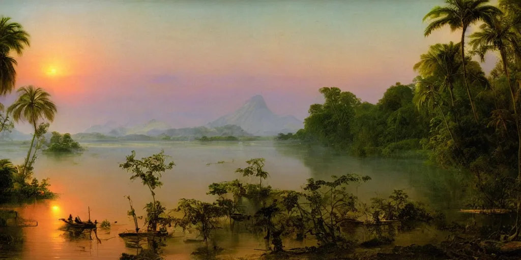 Prompt: the river delta of dawn, tropical river scene, serene mood, in style of frederic edwin church