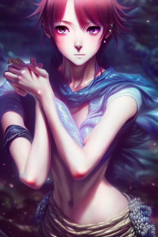 Prompt: ”ultra realistic, beautiful young woman, modern anime, fantasy, eerie, intricate details, atmospheric, elegant, super highly detailed, professional digital painting, artstation, concept art, 8k, art by artgerm and eiichiro oda and koyoharu gotouge”