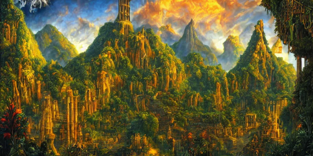 Image similar to fantasy oil painting, regale, fortress mega structure city, colossus of rhodes, atlantis, hybrid, looming, warm lighting, overlooking, epic, lush plants flowers, rainforest mountains, bright clouds, luminous sky, outer worlds, cinematic lighting, michael cheval, michael whelan, oil painting, natural tpose