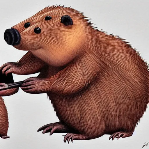 Image similar to photography hyperrealism concept art of anthropomorphic beavers builders that building city with sticks