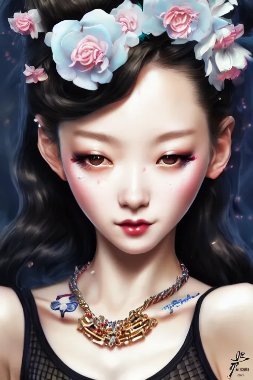 Image similar to a pin up and beautiful fashion and charming and dreamlke japan girl with jewelry, art by artgerm & jeehyung lee & wlop, hyperdetailed, 8 k realistic, lv, dior, symmetrical, frostbite 3 engine, cryengine, dof, trending on artstation, digital art, lv, dior