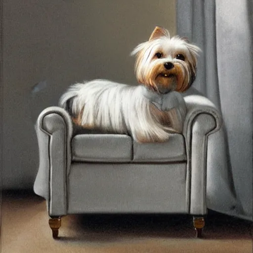 Image similar to gray Yorkie dog sitting on a white leather recliner, extremely detailed masterpiece, illustration, by Michael Sowa,