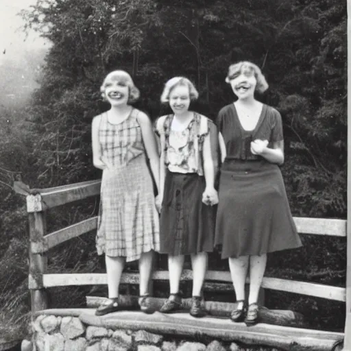 Image similar to a vintage 1 9 3 0 s photograph of three cheerful young ladies posing on a timber bridge in the countryside.