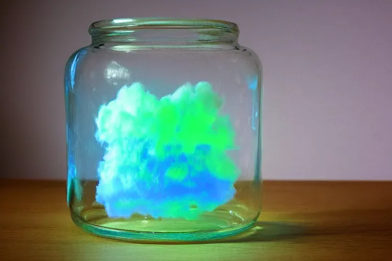 Prompt: chemiluminescence clouds in a jar