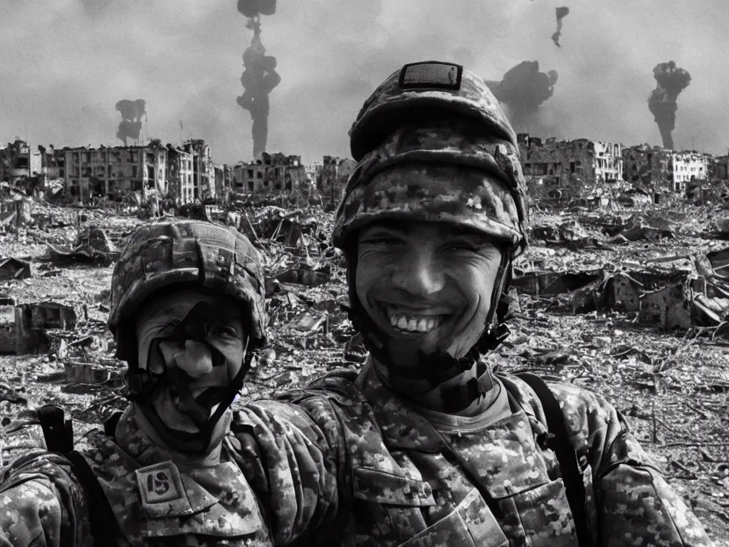 Image similar to a hysterical smiling soldier taking selfies, posing in front of bombed city, explosions in the background, close ups, war scenery, surrealism aesthetic, 9 0 s tv, noise