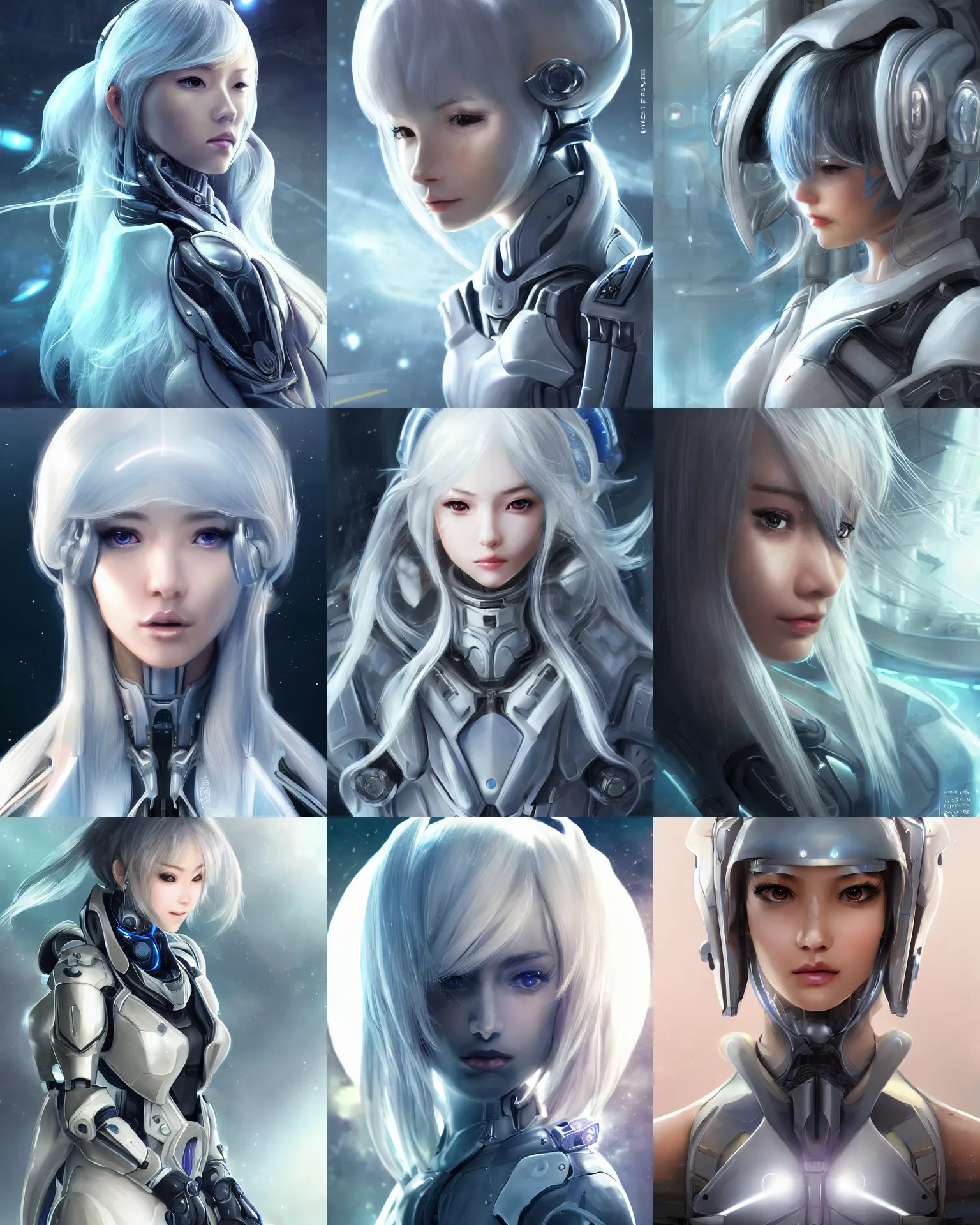 Image similar to detailed portrait of perfect android girl, warframe armor, beautiful face, scifi, futuristic, space station, laboratory, song hye - kyo, dreamy, long white hair, blue cyborg eyes, cinematic lighting, innocent, highly detailed, sharp focus, smooth, artstation, intricate, award winning, pure aura, divine, by akihiko yoshida