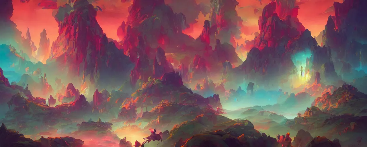 Image similar to candyland : : 6 bright colors, epic, hiroshi yoshida, blake rottinge, marc simonetti, gouache, magical atmosphere, trending in artstation by peter mohrbacher,