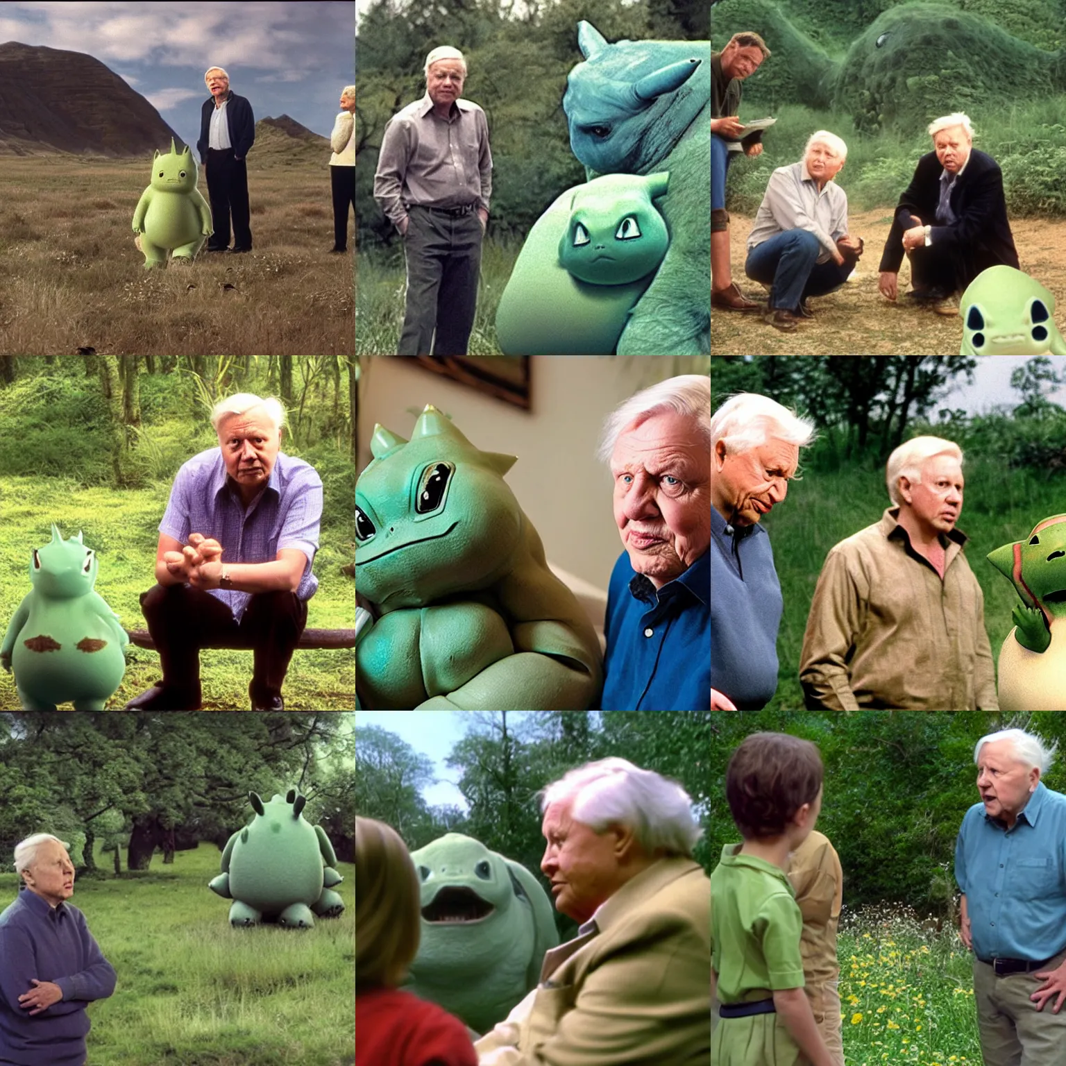 Prompt: David Attenborough watches a family of Bulbasaurs, tv still from a BBC nature documentary