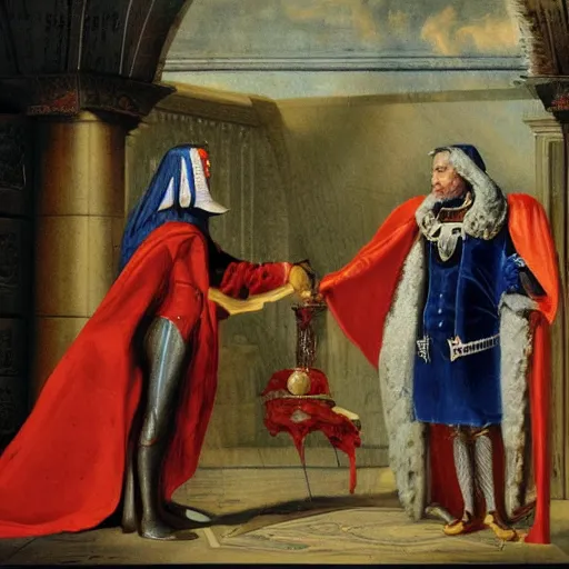 Image similar to The Duke of Mars receives the Marquis of Io in his palace, photorealistic, sci-fi