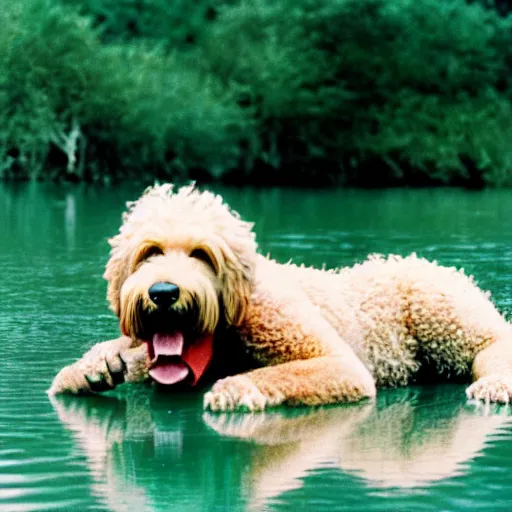 Prompt: cinestill of a big blonde labradoodle dog biting a scary alligator, action shot, nature documentary, intense