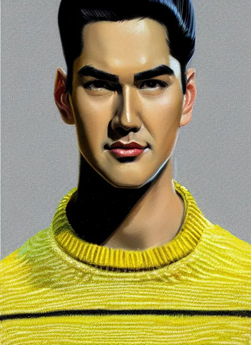 Image similar to portrait of young reggie mantle, mean smirk, egotistical, slicked back hair, striped yellow and black sweater, 1 9 5 0 s, intricate, elegant, glowing lights, highly detailed, digital painting, artstation, concept art, smooth, sharp focus, illustration, art by wlop, mars ravelo and greg rutkowski