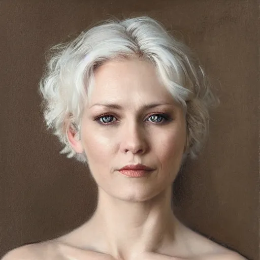 Prompt: portrait of a woman with short white hair, medium shot, illustration, highly detailed, high quality, by helene knoop
