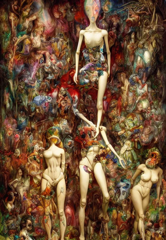 Image similar to simplicity, colorful muscular eldritch mannequins dolls radiating town fractal, white bones, colorful gems, by h. r. giger and esao andrews and maria sibylla merian eugene delacroix, gustave dore, thomas moran, pop art, chiaroscuro, biopunk, art nouveau