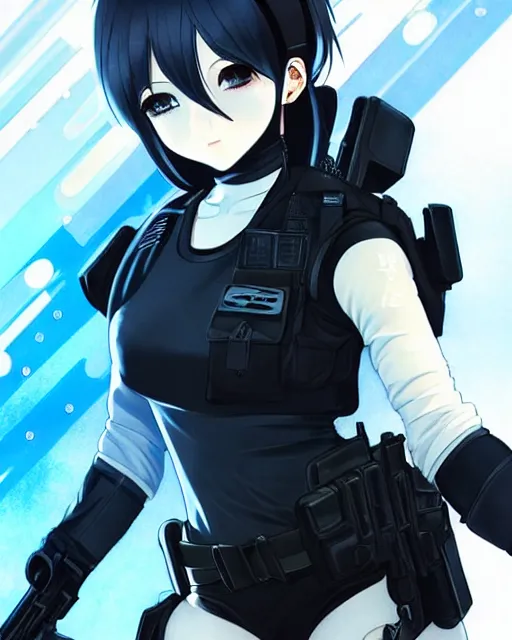 Image similar to 2 b, anime key visual of a young female swat officer, neon, cyberpunk, futuristic, white outfit, black swat vest, swat helmet, holding pdw, stunning, highly detailed, digital painting, smooth, soft focus, illustration, poster, japanese typography, digital art from artstation by artgerm and greg rutkowski and alphonse mucha