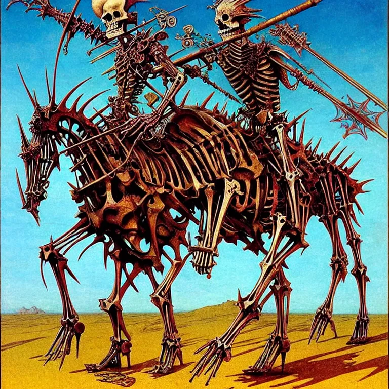 Prompt: Colorful, vibrant, a spiked detailed horse skeleton with armored joints stands with halberd in hand, massive shoulderplates, extremely high details, realistic, fantasy art, solo, masterpiece, bones, ripped flesh, art by Zdzisław Beksiński, Arthur Rackham, Dariusz Zawadzki, Harry Clarke