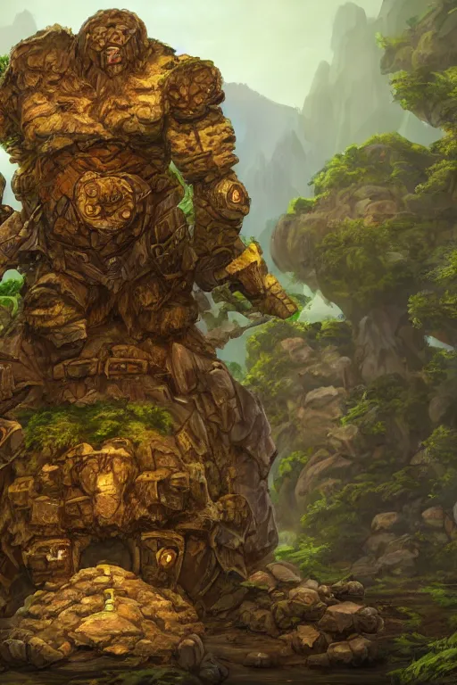 Image similar to zelda fantasy art giant golem troll wood rock greeble gemstone, global illumination ray tracing hdr fanart arstation by sung choi and eric pfeiffer and gabriel garza and casper konefal