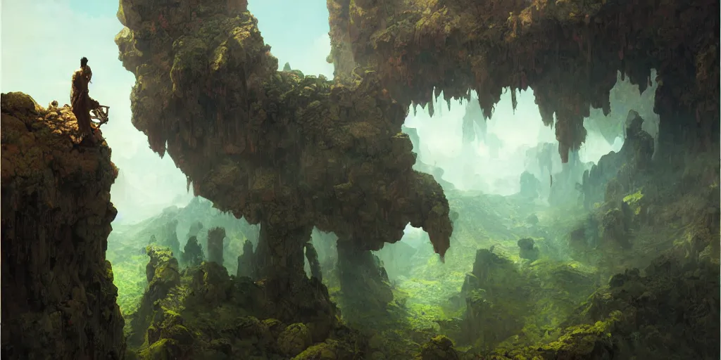 Image similar to huge cave ceiling clouds made of green earth towns, industry, steampunk villages castles, buildings inverted upsidedown mountain artstation illustration sharp focus sunlit vista painted by ruan jia raymond swanland lawrence alma tadema zdzislaw beksinski norman rockwell tom lovell alex malveda greg staples