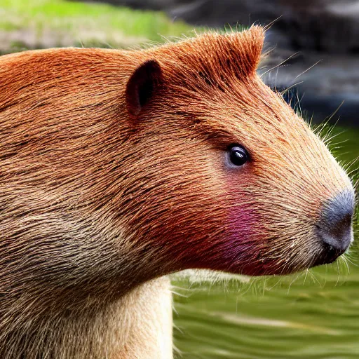 Image similar to capybara with rainbow colored fur, sharp image, hd, realistic, detailed