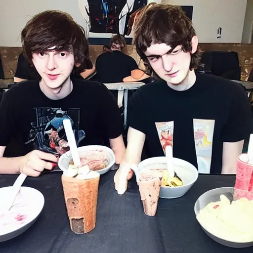 Prompt: madeon and porter robinson eating ice cream together