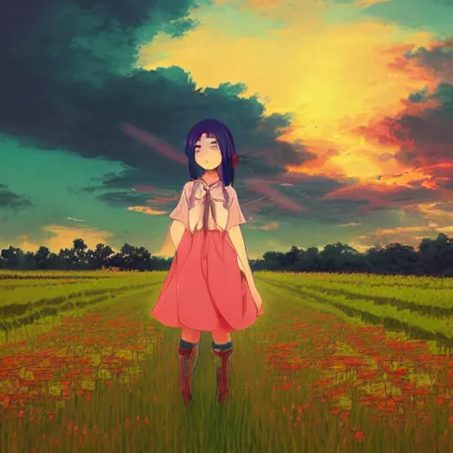 Prompt: anime girl in forground standing on flower field looking up at a cloudy sky during sunset fantasy landscape consept art, in the style of Ilya Kuvshinov, tranding on art station