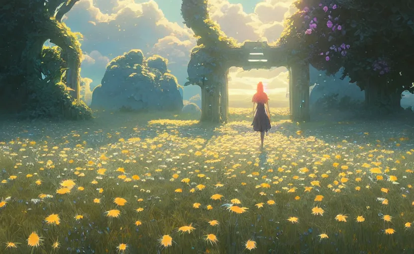 Image similar to portal to another world in a field of daisies, painting by unreal engine, greg rutkowski, loish, rhads, beeple, makoto shinkai and lois van baarle, ilya kuvshinov, rossdraws, tom bagshaw, alphonse mucha, global illumination, detailed and intricate environment