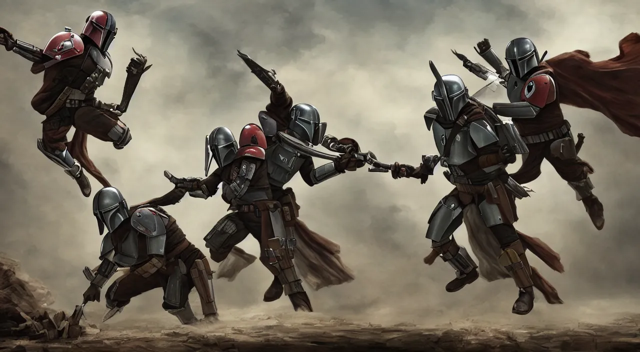 Image similar to Mandalorian fights rhinoceros, concept art, cinematic